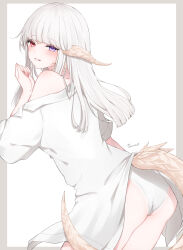 Rule 34 | 1girl, absurdres, ass, au ra, blue eyes, blunt bangs, blush, border, collared shirt, commentary request, dragon girl, dragon horns, dragon tail, final fantasy, final fantasy xiv, from behind, grey border, heterochromia, highres, horns, long hair, looking at viewer, looking back, no pants, off shoulder, outside border, panties, red eyes, sana (sanamaru 0w0), scales, shirt, signature, simple background, smile, solo, tail, underwear, warrior of light (ff14), white background, white hair, white panties, white shirt