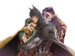 Rule 34 | 3boys, animification, batman, batman (series), black gloves, black hair, boy sandwich, bruce wayne, cape, dc comics, domino mask, dual persona, elbow gloves, family, father and son, gauntlets, gloves, green gloves, hug, hug from behind, jacket, jason todd, leather, leather jacket, male focus, mask, mozu suka, multicolored hair, multiple boys, multiple persona, muscular, no pupils, nose, red hood, red hood (dc), robin (dc), sandwiched, smile, superhero costume, two-tone hair