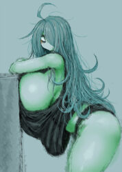 Rule 34 | 1girl, 2b-ge, ahoge, ass, bags under eyes, black panties, black shirt, blush, breast press, breasts, expressionless, female focus, green theme, grey background, hair over one eye, highres, huge breasts, leaning forward, legs, limited palette, long hair, looking at viewer, loose clothes, mei (2b-ge), no bra, original, panties, profile, shiny skin, shirt, sideboob, solo, spot color, thick thighs, thighs, underwear