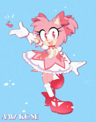 Rule 34 | 1girl, amy rose, blue background, brooch, cosplay, dress, eyelashes, frilled dress, frills, furry, furry female, gloves, hair ribbon, hand up, heart, highres, jewelry, kaname madoka, kaname madoka (cosplay), looking at viewer, mahou shoujo madoka magica, motobug, open mouth, pink dress, pink fur, puffy short sleeves, puffy sleeves, red footwear, ribbon, short sleeves, sonic (series), standing, standing on one leg, white gloves