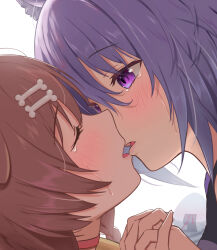 Rule 34 | 2girls, blush, bone hair ornament, brown hair, closed eyes, crying, crying with eyes open, hair ornament, highres, hololive, imminent kiss, interlocked fingers, inugami korone, inugami korone (1st costume), kiss, looking at another, multiple girls, nekomata okayu, nekomata okayu (1st costume), parted lips, purple eyes, purple hair, tataki worker, tears, virtual youtuber, yuri