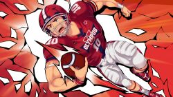 Rule 34 | 1boy, american football, american football uniform, ball, collaboration, derek kingsfield, english text, full body, helmet, highres, holding, holding ball, jock studio (blits games), looking ahead, male focus, mikkoukun, non-web source, official art, open mouth, pants, red background, red footwear, red shirt, rugby ball, rugby uniform, shirt, socks, solo, sportswear, teeth, tongue, upper teeth only, white pants, white socks, zamius