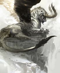 Rule 34 | chimera, cliff, feathered wings, highres, horns, kekai kotaki, lying, no humans, solo, tail, tiger, white tiger, wings, unfinished