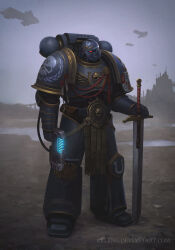 Rule 34 | 1boy, adeptus astartes, armor, armored boots, artist name, boots, celeng, full armor, full body, glowing, glowing eyes, glowing weapon, grey sky, gun, helmet, highres, holding, holding gun, holding sword, holding weapon, male focus, omega symbol, outdoors, pauldrons, plasma pistol, red eyes, science fiction, shoulder armor, skull ornament, sky, solo, space marine, spacecraft, standing, sword, ultramarines, warhammer 40k, weapon