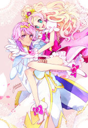 Rule 34 | 10s, 1boy, 1girl, 2015, aqua eyes, bishounen, blonde hair, bow, carrying, cure flora, dated, earrings, gloves, go! princess precure, haruno haruka, jewelry, long hair, multicolored hair, pink bow, pink eyes, pink hair, pink skirt, precure, prince kanata, princess carry, shoes, signature, skirt, smile, streaked hair, two-tone hair, waist bow, white footwear, white gloves, yukinami (paru26i)