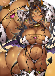 Rule 34 | 1girl, :d, absurdres, animal print, arms up, ass, bikini, breast press, breasts, brown hair, bursting breasts, cleavage, cow print, curvy, dark-skinned female, dark skin, demon, demon girl, demon horns, demon tail, demon wings, elbow gloves, gloves, green eyes, highres, horns, huge breasts, large breasts, looking at viewer, multiple views, navel, open mouth, original, senri gan, skindentation, smile, sweat, swimsuit, tail, tan, thick thighs, thighhighs, thighs, wings