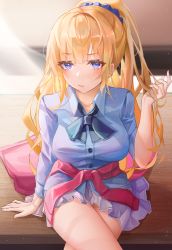Rule 34 | 1girl, :/, absurdres, blonde hair, blue eyes, blue nails, blue scrunchie, blue shirt, blush, breasts, closed mouth, collared shirt, commentary, cowboy shot, crossed legs, english commentary, hand rest, hand up, highres, karuizawa kei, large breasts, long hair, looking at viewer, nail polish, pink sweater, pleated skirt, ponytail, purple skirt, scrunchie, shirt, sidelocks, sitting, skirt, sleeves rolled up, solo, sunlight, sweater, thighs, tied sweater, turbulence, youkoso jitsuryoku shijou shugi no kyoushitsu e