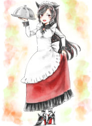 Rule 34 | 1girl, alternate costume, alternate hairstyle, animal ears, apron, black hair, blouse, blush, cink-knic, clothes lift, enmaided, fang, high heels, imaizumi kagerou, long hair, long skirt, long sleeves, maid, maid headdress, open mouth, ponytail, red eyes, red skirt, shirt, skirt, skirt hold, skirt lift, solo, touhou, very long hair, white shirt, wolf ears