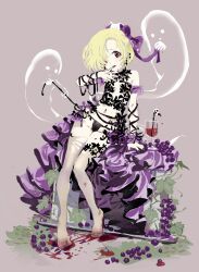 Rule 34 | 1girl, alcohol, arm support, black nails, black panties, black toenails, blonde hair, blood, cup, drinking glass, ear piercing, feet, female focus, fingernails, food, fruit, ghost, grapes, grave, groin, hair over one eye, idolmaster, idolmaster cinderella girls, legs, looking at viewer, applying manicure, nail polish, nails, navel, panties, applying pedicure, piercing, red eyes, revealing clothes, shirasaka koume, short hair, simple background, solo, standing, straw, thighhighs, thighs, toenails, toes, tombstone, torn clothes, torn thighhighs, tsurumai kada, underwear, white thighhighs, wine, wine glass