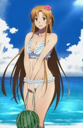 Rule 34 | 1girl, asuna (sao), bikini, blue sky, braid, breasts, brown eyes, brown hair, cleavage, cloud, collarbone, female focus, flower, food, frilled bikini, frills, fruit, hair flower, hair ornament, holding, holding food, holding fruit, jewelry, large breasts, long hair, necklace, ocean, open mouth, parted bangs, pink flower, puge, shell, shell necklace, shiny skin, short ponytail, sky, smile, solo, sunlight, sweat, swimsuit, sword art online, watermelon, white bikini
