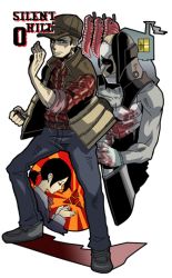 Rule 34 | 2boys, alessa gillespie, artist request, belt, black hair, blood, butcher, child, cleaver, clenched hand, dual persona, fingernails, food, hat, helmet, house, male focus, manly, meat, multiple boys, nail, ponytail, pyramid (structure), school uniform, shadow, shoes, silent hill, silent hill: origins, silent hill (series), silent hill 0, sleeves rolled up, smokestack, source request, travis o&#039; grady, vest