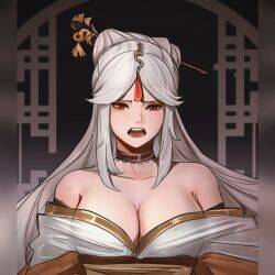 Rule 34 | 1girl, bare shoulders, choker, commentary request, genshin impact, hair ornament, hair stick, highres, long hair, ningguang (genshin impact), notgustiarp, off shoulder, open mouth, red eyes, robe, solo, upper body, very long hair, white hair, white robe
