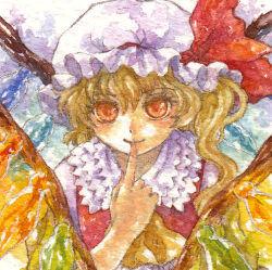 Rule 34 | 1girl, ascot, blonde hair, crystal, finger to mouth, flandre scarlet, hat, hat ribbon, looking at viewer, mob cap, orange eyes, painting (medium), red vest, ribbon, shiroma (mamiko), side ponytail, solo, touhou, traditional media, vest, watercolor (medium), white hat, wings, yellow ascot