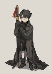 Rule 34 | 1boy, absurdres, aged down, akabane yu, ankle boots, black coat, black footwear, black hair, black shorts, black sweater, boots, child, coat, facial scar, grey background, hair between eyes, hands up, highres, holding, holding sword, holding weapon, long sleeves, looking at viewer, male focus, omniscient reader&#039;s viewpoint, oversized clothes, scar, scar on cheek, scar on face, sheath, sheathed, shorts, simple background, sleeves past fingers, sleeves past wrists, solo, standing, sweater, sword, tassel, turtleneck, turtleneck sweater, weapon, yoo joonghyuk