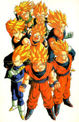Rule 34 | 1990s (style), blonde hair, dougi, dragon ball, dragonball z, father and son, fusion, gotenks, highres, looking at viewer, male focus, multiple boys, muscular, official art, retro artstyle, scan, serious, smile, son goku, son goten, spiked hair, super saiyan, sword, traditional media, trunks (dragon ball), vegetto, weapon