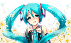 Rule 34 | 1girl, :d, aqua eyes, aqua hair, daisy, detached sleeves, flower, half-closed eyes, hatsune miku, headset, long hair, looking at viewer, misakura nankotsu, necktie, open mouth, petals, sleeves past wrists, smile, solo, twintails, upper body, vocaloid
