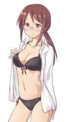 Rule 34 | 1girl, aimobake, bikini, bikini under clothes, black bikini, blush, breasts, brown eyes, brown hair, cleavage, closed mouth, commentary request, dress shirt, front-tie bikini top, front-tie top, glasses, highres, idolmaster, idolmaster cinderella girls, long hair, looking at viewer, medium breasts, mifune miyu, no pants, open clothes, open shirt, opened by self, ponytail, rimless eyewear, shirt, side-tie bikini bottom, sidelocks, simple background, smile, solo, standing, swept bangs, swimsuit, white background, white shirt
