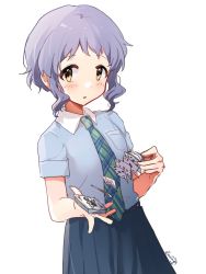 Rule 34 | 1girl, blue shirt, blue skirt, blush, breasts, card, checkered necktie, collar, commentary, hands up, highres, idolmaster, idolmaster million live!, looking at viewer, makabe mizuki, necktie, nnnn, open mouth, purple hair, shirt, short hair, short sleeves, shuffling cards, sidelocks, signature, skirt, small breasts, solo, upper body, wavy hair, white background, white collar, yellow eyes