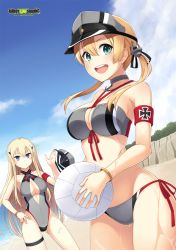 Rule 34 | 10s, 2girls, ball, beach, bikini, bismarck (kancolle), blonde hair, blue eyes, breasts, cleavage, cleavage cutout, clothing cutout, collar, day, front-tie top, gradient background, grey one-piece swimsuit, hair ornament, halterneck, hat, highres, holding, holding ball, kantai collection, large breasts, long hair, looking at viewer, multiple girls, one-piece swimsuit, open mouth, oyaji-sou, peaked cap, prinz eugen (kancolle), sparks, swimsuit, twintails, unworn hat, unworn headwear, volleyball (object), watermark, web address
