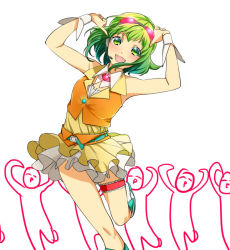 Rule 34 | 1girl, ^ ^, ^q^, goggles, goggles on head, green eyes, green hair, gumi, headphones, headset, o v dell, obachin, open mouth, short hair, simple background, skirt, smile, solo focus, vocaloid, wrist cuffs