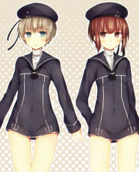 Rule 34 | 10s, 2girls, abandon ranka, anchor, blush, brown eyes, brown hair, clothes writing, green eyes, hat, kantai collection, long sleeves, md5 mismatch, multiple girls, personification, sailor hat, short hair, z1 leberecht maass (kancolle), z3 max schultz (kancolle)