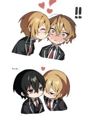 Rule 34 | !, !!, 1girl, 2boys, black eyes, black hair, black jacket, black vest, blonde hair, blush, chibi, closed eyes, closed mouth, collared shirt, commentary request, don quixote (project moon), frown, heart, highres, jacket, kiss, limbus company, mu46016419, multiple boys, necktie, no nose, open clothes, open jacket, project moon, red necktie, sanpaku, shirt, short hair, simple background, sinclair (project moon), sweat, vest, white background, white shirt, yellow eyes, yi sang (project moon)
