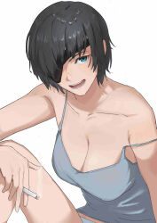 Rule 34 | 1girl, absurdres, amepa (ame pinecandy), black hair, breasts, chainsaw man, cigarette, cleavage, collarbone, eyepatch, green eyes, highres, himeno (chainsaw man), holding, holding cigarette, knee up, large breasts, looking at viewer, off shoulder, open mouth, panties, simple background, sitting, smile, smoke, solo, tank top, teeth, underwear, white background, white panties