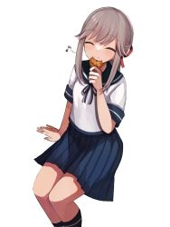 Rule 34 | 1girl, blue sailor collar, blue skirt, cookie, eating, closed eyes, feet out of frame, food, grey hair, hair ribbon, highres, invisible chair, kantai collection, long hair, pleated skirt, ponytail, ranran 3939, red ribbon, ribbon, sailor collar, school uniform, serafuku, sidelocks, simple background, sitting, skirt, solo, usugumo (kancolle), white background