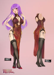 Rule 34 | 1girl, black thighhighs, center opening, china dress, chinese clothes, commission, dress, from side, garter belt, hand on own hip, high heels, highres, kopianget, long hair, looking at viewer, multiple views, open mouth, original, panties, pelvic curtain, pink background, pixiv commission, purple hair, side-tie panties, sleeveless, tassel, thighhighs, underwear
