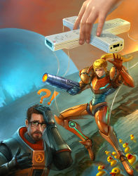 Rule 34 | !, !?, 1boy, 1girl, ?, armor, beard, bird, bodysuit, brown hair, commentary, controller, crossover, duck, facepalm, facial hair, game console, game controller, glasses, gordon freeman, half-life, half-life (series), half-life 2, marionette, mask, metroid, nintendo, ponytail, power armor, product placement, puppet, samus aran, slipgatecentral, string, super rub&#039;a&#039;dub, unworn mask, varia suit, what, wii, wii remote