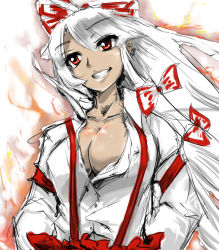 Rule 34 | 1girl, :d, arm garter, bad id, bad pixiv id, blunt bangs, body blush, bow, breasts, cleavage, collarbone, covered erect nipples, dark-skinned female, dark skin, dress shirt, female focus, fire, fujiwara no mokou, grin, hair bow, hands in pockets, hyudora, long hair, open clothes, open mouth, open shirt, shirt, sketch, smile, solo, straight hair, suspenders, tan, touhou, very long hair, white hair