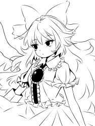 Rule 34 | 1girl, arm cannon, bow, center frills, closed mouth, frills, greyscale, hair bow, hanokami, high contrast, highres, long hair, monochrome, reiuji utsuho, shirt, short sleeves, simple background, skirt, solo, third eye, touhou, upper body, weapon, wings