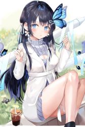Rule 34 | 1girl, :o, aoi nabi, black hair, blue butterfly, blue eyes, blue nails, bow, bow earrings, breasts, bug, butterfly, butterfly hair ornament, cleavage, cleavage cutout, clothing cutout, cup, drinking straw, earrings, grey sweater, hair behind ear, hair ornament, harune rane, highres, indie virtual youtuber, insect, jacket, jewelry, medium breasts, nail polish, open mouth, oversized object, sitting, solo, stylus, sweater, virtual youtuber, white jacket