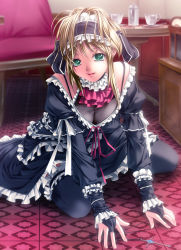 Rule 34 | 1girl, bad id, bad pixiv id, bare shoulders, black thighhighs, blonde hair, breasts, bridal gauntlets, cleavage, cross, cup, female focus, gothic lolita, green eyes, indoors, jewelry, kneeling, large breasts, lolita fashion, long hair, maid, necklace, original, rezi, sitting, solo, teacup, thighhighs