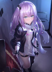 Rule 34 | 1girl, black footwear, black gloves, black jacket, blush, breasts, closet, embarrassed, fingerless gloves, girls&#039; frontline, gloves, hair ornament, highres, holding person, ibuki notsu, jacket, long hair, looking at viewer, pink hair, purple eyes, ribbed shirt, scarf, shirt, shoes, single thighhigh, small breasts, solo, st ar-15 (girls&#039; frontline), thigh strap, thighhighs, twintails