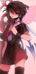 Rule 34 | 1girl, absurdres, asymmetrical wings, black dress, black hair, blush, bow, dated, dress, hair between eyes, highres, houjuu nue, ichirugi, looking at viewer, polearm, red bow, red eyes, short hair, short sleeves, solo, star (symbol), sweat, thighhighs, touhou, trident, twitter username, ufo, weapon, wings, wristband