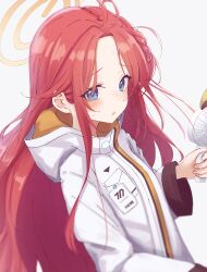 Rule 34 | 1girl, absurdres, blue archive, blue eyes, blush, braid, commentary, electric fan, forehead, furrowed brow, halo, hand fan, highres, hood, hooded jacket, id card, jacket, long hair, long sleeves, looking at viewer, parted bangs, parted lips, pikao, red hair, simple background, solo, sweatdrop, upper body, very long hair, white background, white jacket, yellow halo, yuzu (blue archive)