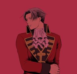 Rule 34 | 1boy, ace attorney, ascot, averting eyes, closed mouth, commentary, english commentary, grey hair, hair intakes, hand on own arm, highres, jacket, long sleeves, male focus, miles edgeworth, pastecola, pink background, red jacket, short hair, simple background, solo, upper body, white ascot