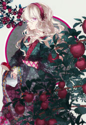 Rule 34 | 1girl, alternate costume, apple, blurry, circle, closed mouth, den-den daiko, depth of field, dizi930, eyebrows, eyelashes, floral print, food, fruit, hair between eyes, hairband, highres, holding, instrument, japanese clothes, kagerou project, kimono, kozakura marry, long hair, long sleeves, obi, pink eyes, print kimono, projected inset, ribbon-trimmed sleeves, ribbon trim, sash, solo, wavy hair, white hair, wide sleeves