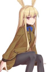 Rule 34 | 1girl, black pantyhose, blonde hair, blush, brown jacket, brown skirt, commentary request, cosplay, elfenlied22, fate/grand order, fate (series), head wings, highres, jacket, kishinami hakuno (female), kishinami hakuno (female) (cosplay), long hair, pantyhose, red eyes, simple background, skirt, solo, thrud (fate), valkyrie (fate), white background, wings