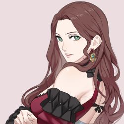 Rule 34 | 1girl, aizumi240326, back, backless dress, backless outfit, breasts, brown hair, dorothea arnault, dress, earrings, fire emblem, fire emblem: three houses, from behind, green eyes, grey background, jewelry, long hair, looking at viewer, medium breasts, nintendo, parted lips, solo, upper body