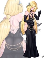 Rule 34 | 1girl, alternate costume, armpit crease, ass, backless dress, backless outfit, bare shoulders, black dress, black gloves, blonde hair, blush, breasts, caprednahu, chain, champagne flute, closed mouth, collarbone, commentary, creatures (company), criss-cross back-straps, cup, dress, drinking glass, elbow gloves, english commentary, from behind, game freak, gloves, gold chain, green eyes, hair ornament, halter dress, halterneck, highres, hip vent, holding, holding cup, long hair, lusamine (pokemon), medium breasts, meme, meme attire, modakawa dress, multiple views, nintendo, one eye covered, pokemon, pokemon sm, ponytail, shoulder blades, signature, simple background, sleeveless, sleeveless dress, smile, standing, tight clothes, tight dress, very long hair, waving, white background