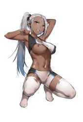 Rule 34 | 1girl, absurdres, arm behind head, arm up, armpits, black bra, blue hair, bra, bra lift, breasts, brown eyes, buruma, clothes lift, commentary request, condom, condom in mouth, condom wrapper, dark-skinned female, dark skin, ear piercing, earrings, full body, gradient hair, gym shorts, hand up, highres, jewelry, lifted by self, long sleeves, looking at viewer, medium breasts, midriff, mouth hold, multicolored hair, navel, nipple piercing, nipples, no shoes, one breast out, original, piercing, shiny skin, shorts, side ponytail, silver hair, simple background, solo, sports bra, sports bra lift, squatting, teeth, thighhighs, torn clothes, torn thighhighs, two-tone bra, two-tone hair, two-tone sports bra, underwear, white background, white bra, white thighhighs, zen juraku