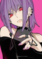 Rule 34 | 1girl, @ @, absurdres, bare shoulders, black shirt, chainsaw man, earrings, fami (chainsaw man), highres, jewelry, lips, looking at viewer, mole, mole under mouth, nail polish, pink background, purple eyes, purple nails, red eyes, sailen0, shirt, short hair, solo, teeth, upper body