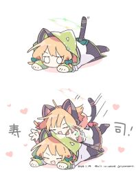 Rule 34 | 2girls, animal ear headphones, animal ears, blonde hair, blue archive, bow, cat ear headphones, cat ears, cat tail, chibi, closed eyes, commentary, dated, fake animal ears, fake tail, green bow, green halo, hair bow, halo, headphones, heart, highres, long sleeves, lying, midori (blue archive), momoi (blue archive), multiple girls, naguru (cyoroama), no mouth, on stomach, open mouth, pink bow, pink halo, siblings, simple background, sisters, solid circle eyes, symbol-only commentary, tail, translation request, twins, white background
