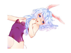 Rule 34 | 1girl, ahoge, animal ears, bare shoulders, blue eyes, breasts, covered navel, dellin01, fake animal ears, fake tail, highres, leotard, long hair, looking at viewer, lying, on back, playboy bunny, purple leotard, rabbit ears, rabbit tail, silver hair, simple background, small breasts, solo, soulworker, stella unibell, strapless, strapless leotard, tail, thighhighs, white background, white thighhighs
