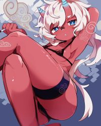 Rule 34 | 1girl, arm up, bikini, black bikini, blue eyes, breasts, bright pupils, cigarette, colored skin, female focus, highres, holding, holding cigarette, horns, looking at viewer, micro bikini, oni, oni horns, original, parted lips, reclining, red oni, red skin, slit pupils, small breasts, smoke, smoking, solo, swimsuit, uenomigi, white hair, white pupils