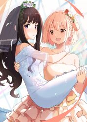 Rule 34 | .com (bot com1), 2girls, :d, alternate costume, bare shoulders, black hair, blonde hair, braid, breasts, bridal veil, carrying, collarbone, dress, earrings, female focus, flower, frown, gloves, hair flower, hair ornament, hair ribbon, highres, inoue takina, jewelry, long hair, looking at another, lycoris recoil, medium breasts, multiple girls, nishikigi chisato, open mouth, princess carry, red flower, red ribbon, ribbon, short hair, smile, strapless, strapless dress, upper body, veil, wedding dress, white dress, white flower, white gloves, wife and wife, yellow flower, yuri
