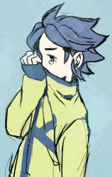 Rule 34 | 1boy, bad id, bad pixiv id, blue hair, covering own mouth, iko (i-my-16), inazuma eleven, inazuma eleven (series), looking away, male focus, sleeves past wrists, solo, tears, yukimura hyouga