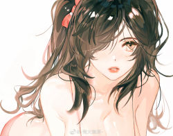 Rule 34 | 1girl, ass, bare shoulders, black hair, blush, breasts, brown eyes, cleavage, hair tie, highres, huang huo liaoyuan, large breasts, looking at viewer, medium breasts, nude, one eye covered, open mouth, original, solo, teeth, twintails, white background